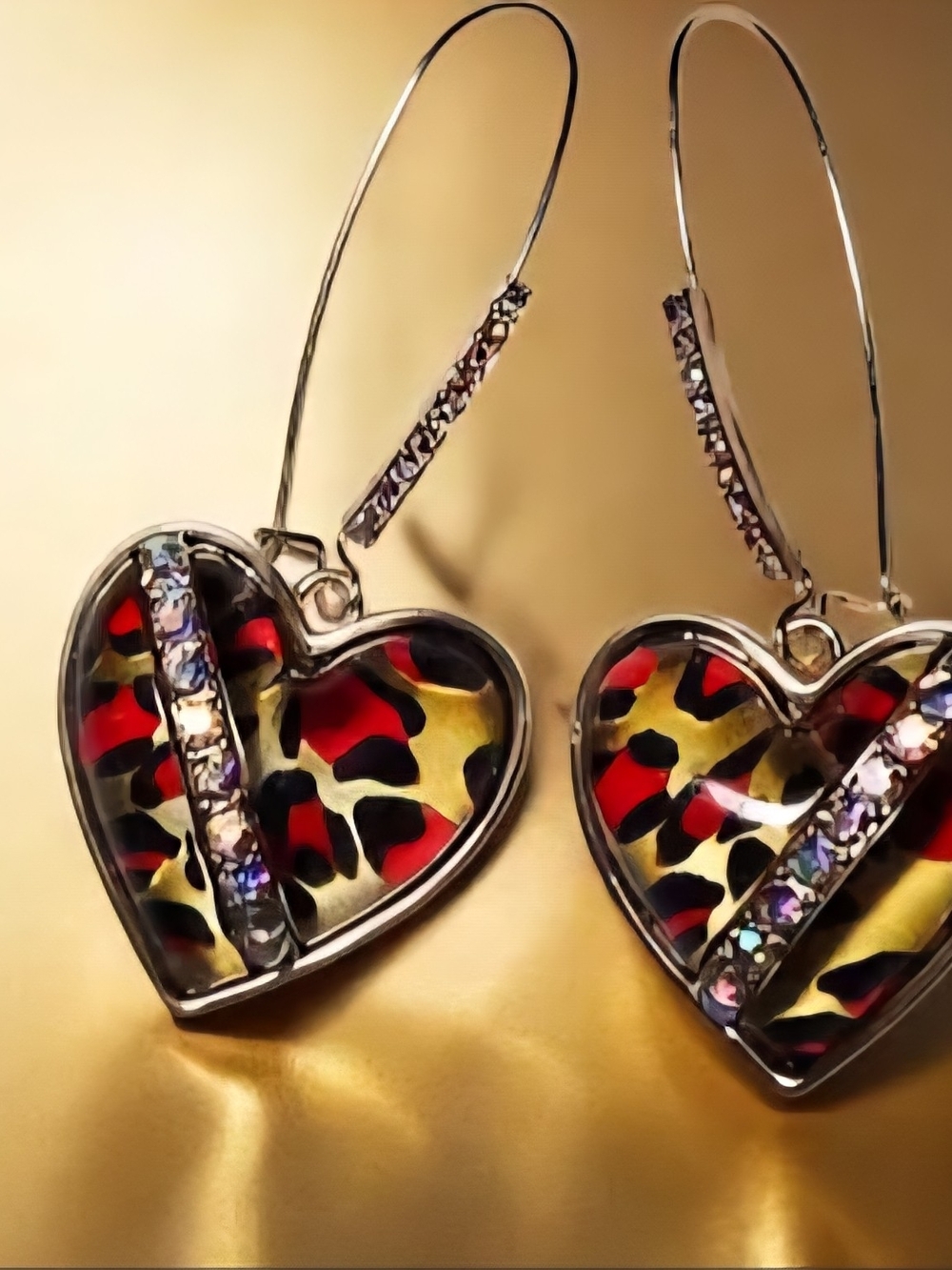 Betsey Johnson Gold-Tone Crystal Leopard Animal Print Heart Drop Earrings